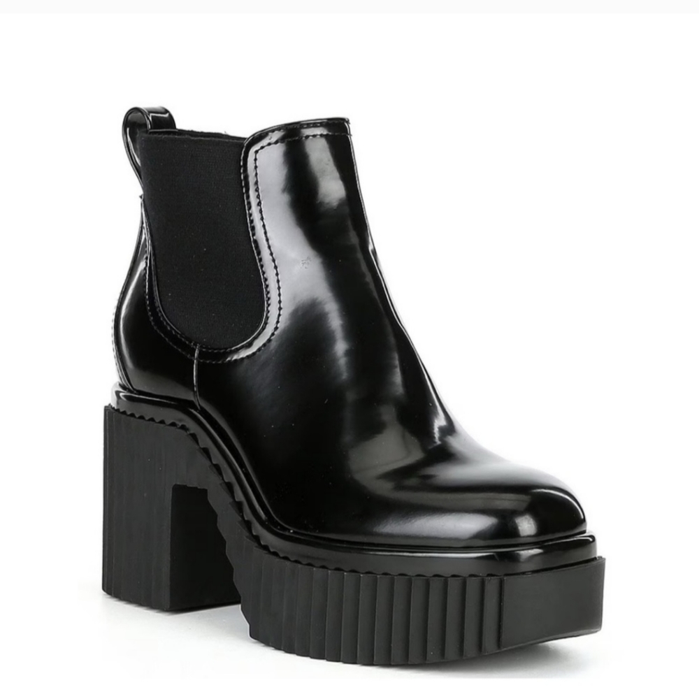Gianni Bini Black Patent Lug Sole Chunky High Heel Pull On Boots Ryker 9 9 1/2